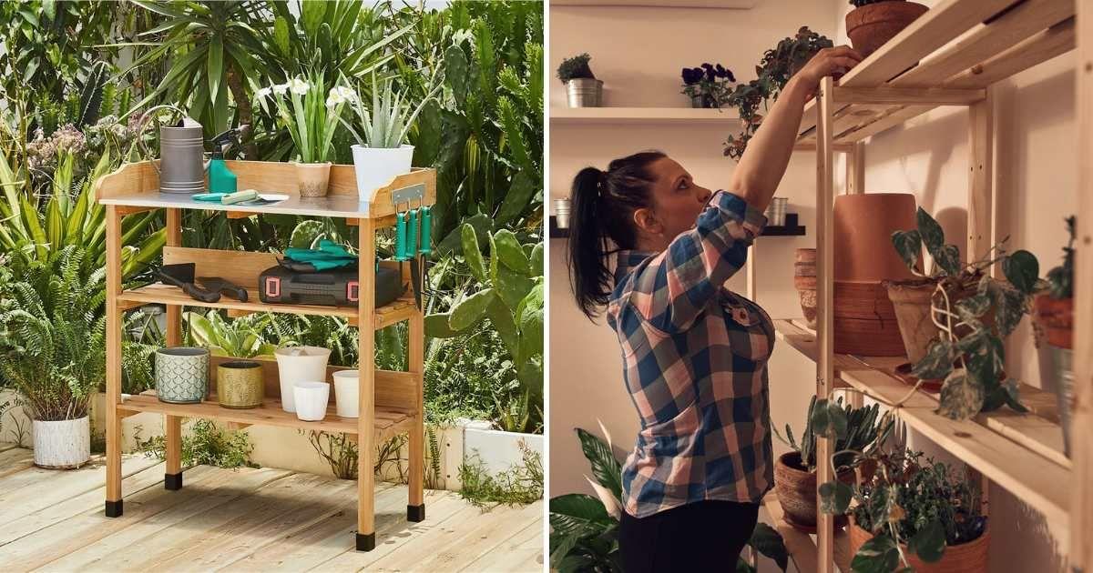 (L) A 3-tier potting bench (Cover Image Source: Wayfair) | (R) Woman arranging flowering pots on a vertical gardening shelf (Representative Cover Image Source: Getty Images | M-Gucci)
