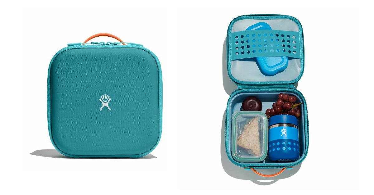 blue lunch box with food and a thermos inside