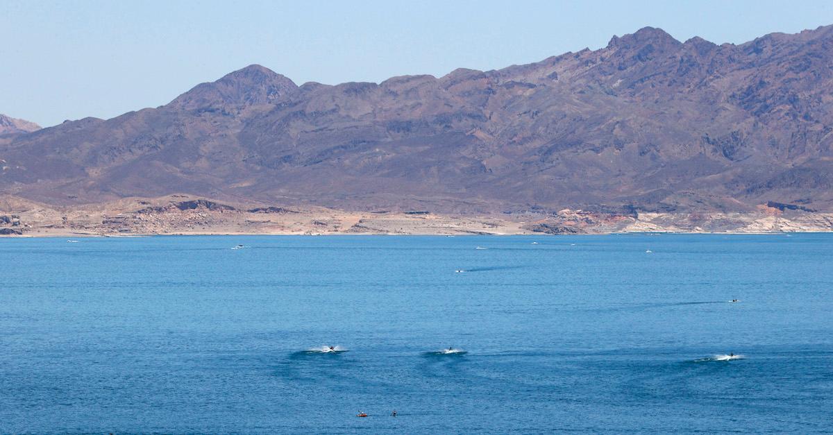 A view of Lake Mead and surrounding mountains.