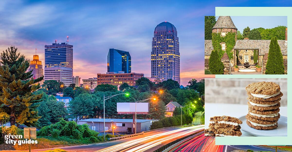Photo of the city of Winston-Salem, N.C., during the evening with two smaller images of the Graylyn Estate boutique hotel and the To Your Health Bakery layered on top