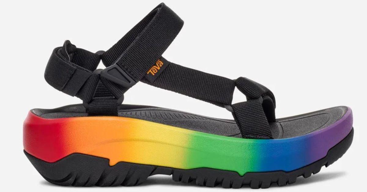 A black and rainbow sandal.