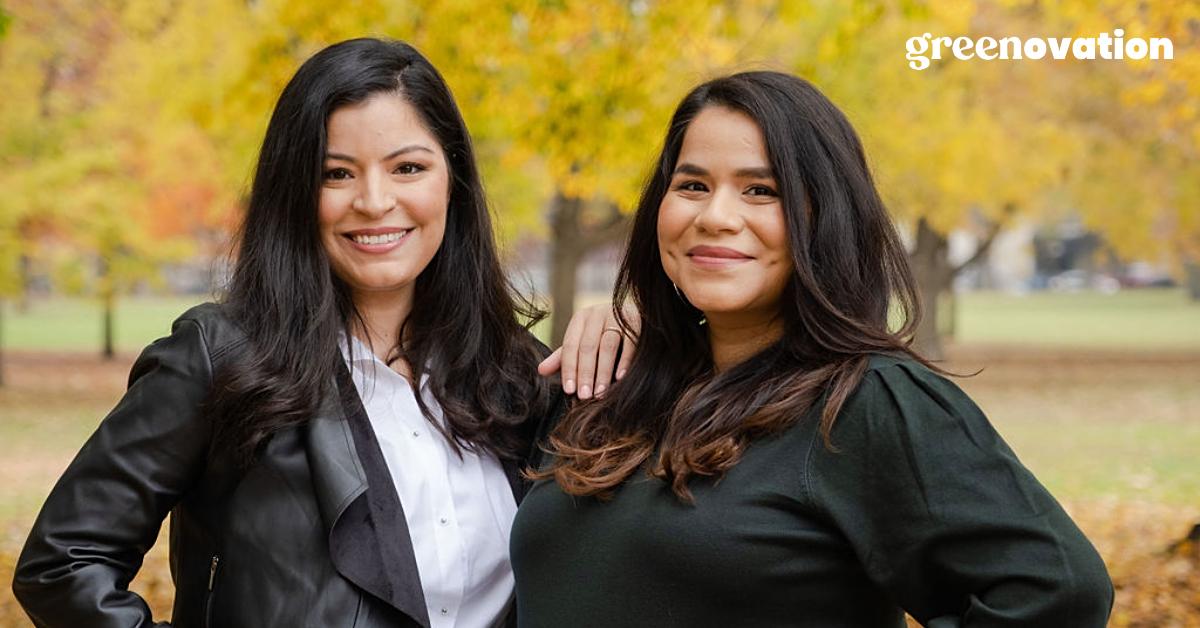 VOLVERde co-founders Aidee and Mónica SanMiguel stand in a park filled with trees with yellow leaves