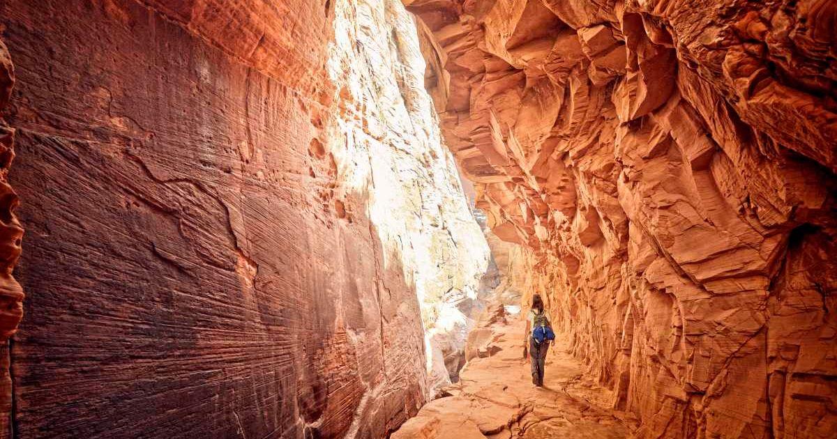 Woman walking through the red cave in Zion National Park (Representative Cover Image Source: Getty Images | James O'Neil)