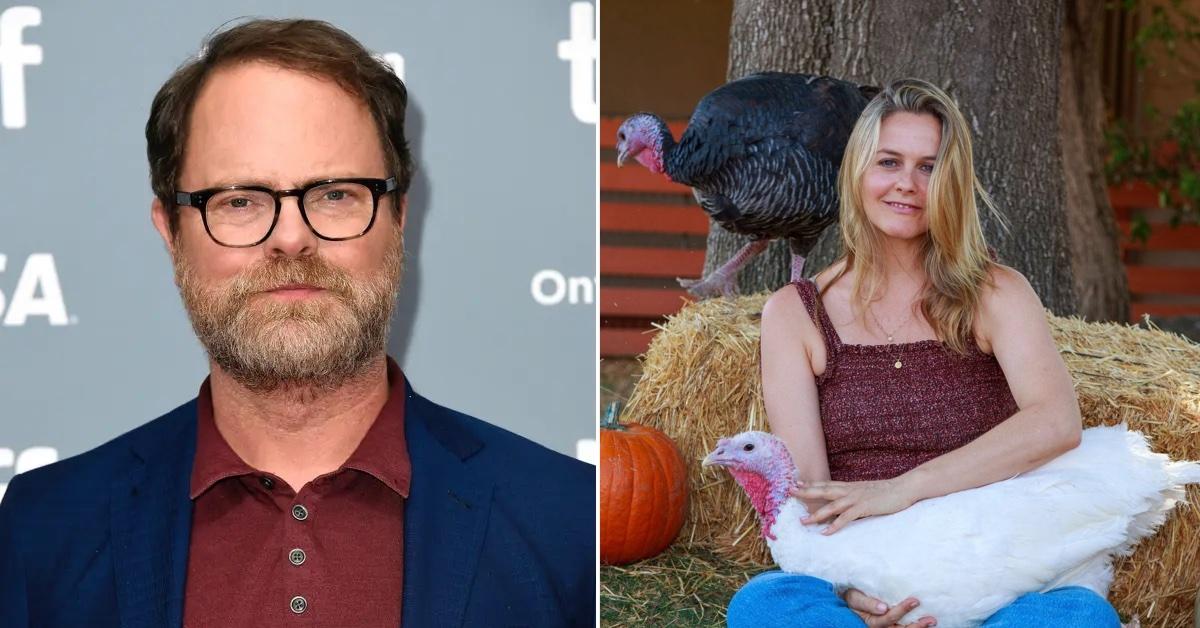 Rainn Wilson on a red carpet; Alicia Silverstone sits amongst hay while holding a white turkey, with a black turkey behind her