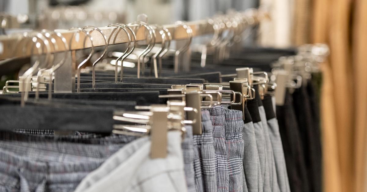 Stock image of pants in a fast fashion retail store. 