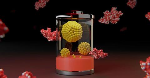 An illustration symbolizes new battery technology: Proteins (red) hold tiny clusters of metal (silver). The yellow structure represent single atom of nickel or iron. (Cover Image Source: Maher El-Kady | UCLA)