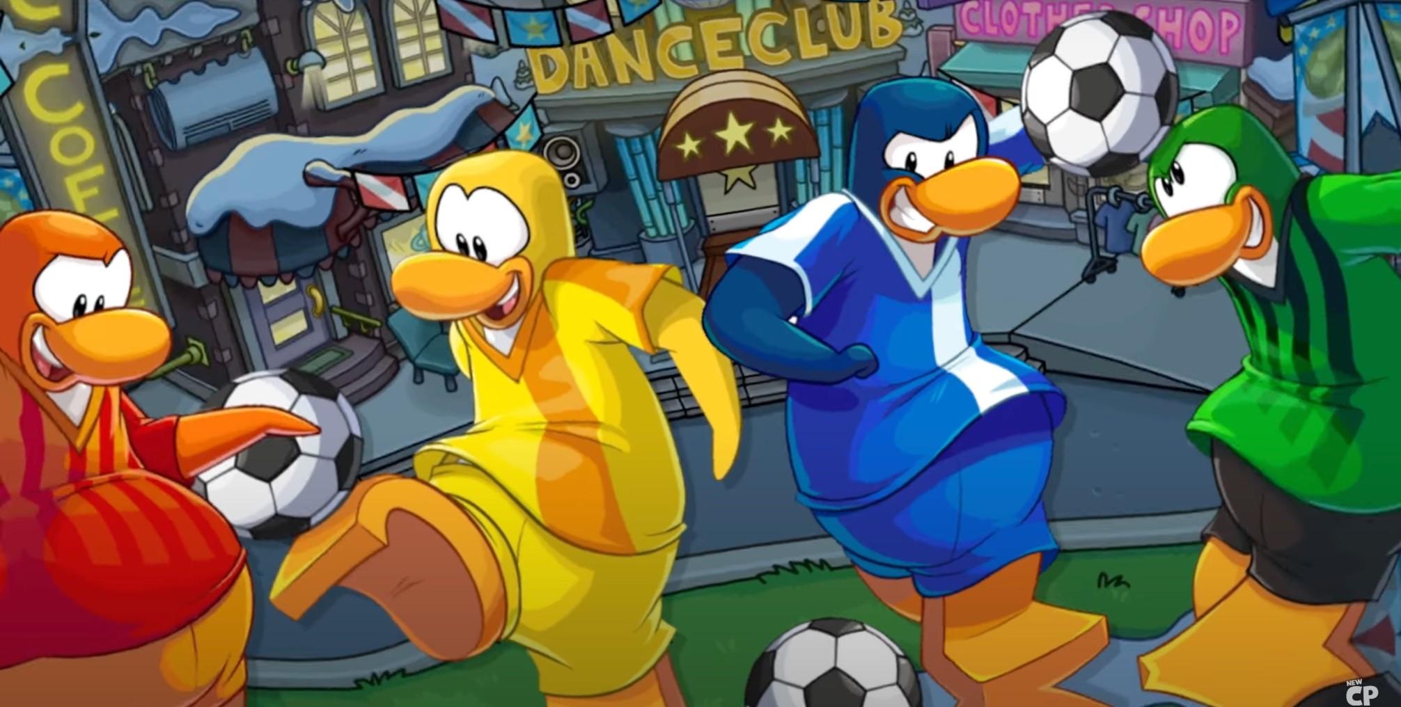 Characters from New Club Penguin are dressed in soccer uniforms playing with soccer balls in front of a backdrop of various stores.