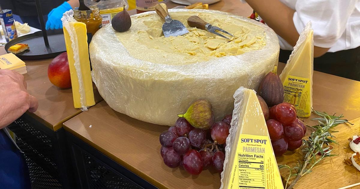 A large wheel of vegan parmesan cheese