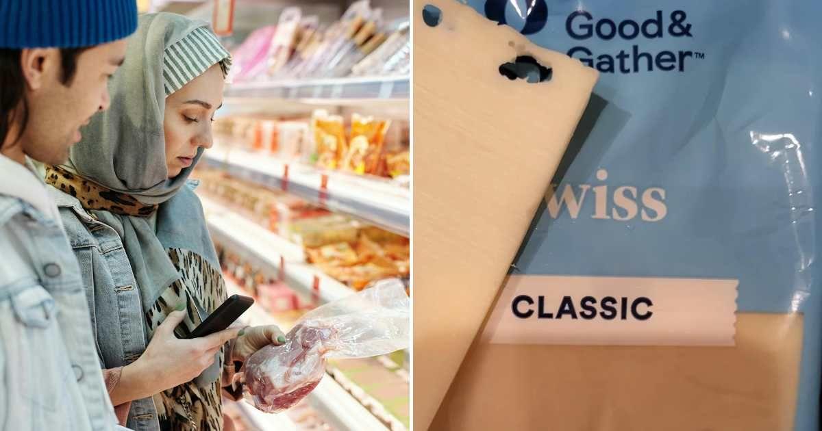 (L) A couple buying groceries in a supermarket. (Representative Cover Image Source: Pexels | Jack Sparrow) | (R) The Reddit user shared a picture of the Good & Gather Swiss Cheese they bought. (Cover Image Source: Reddit | u/pianoshootist)