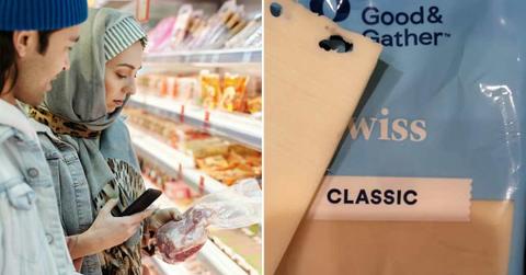 (L) A couple buying groceries in a supermarket. (Representative Cover Image Source: Pexels | Jack Sparrow) | (R) The Reddit user shared a picture of the Good & Gather Swiss Cheese they bought. (Cover Image Source: Reddit | u/pianoshootist)