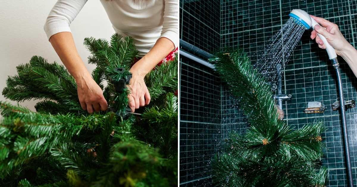 (L) Woman assembles artificial Christmas tree. (R) A person washes their artificial Christmas tree using a hand shower. (Representative Cover Image Source: Getty Images | (L) Jose Martinez Calderon, (R) Oksana Kuznetsova)
