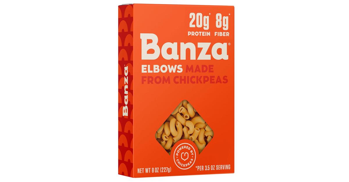 Banza elbow pasta in an orange box.