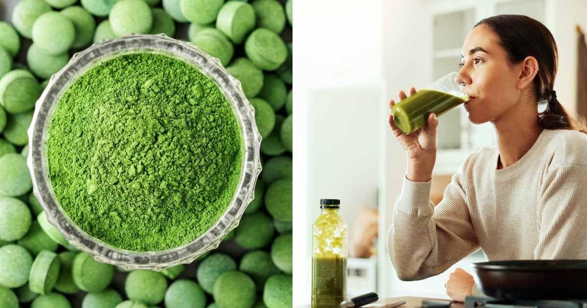 (L) A bowl of algae powder on top of nutritious tablets; (R) A woman drinking green juice. (Representative Cover Image Source: Getty Images | (L) Vladimir Soldatov, (R) Jacob Wackerhausen)
