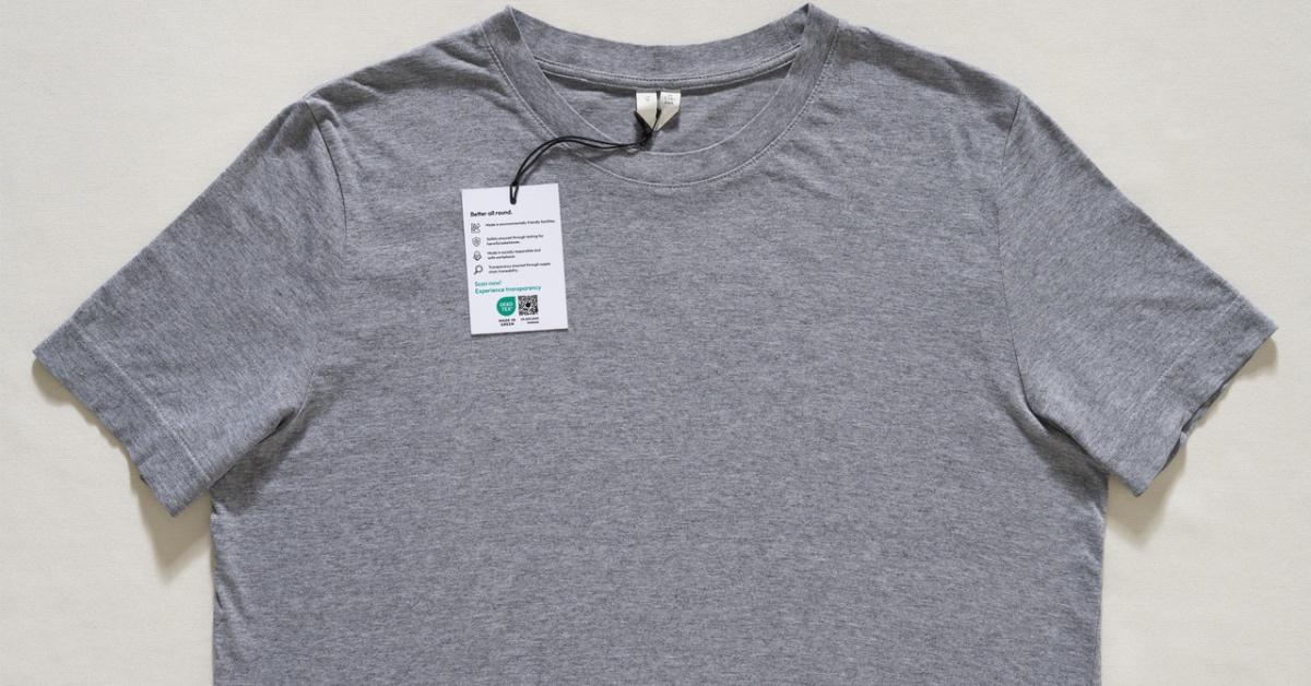 A short-sleeved grey t-shirt with an OEKO-TEX Made in Green tag attached. 