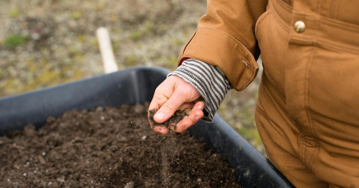 A person holds a chunk of soil in their hands, letting it run out between their fingers