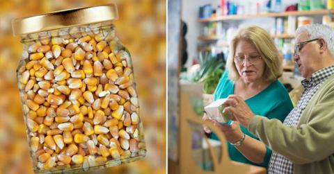 (L) Kernels of corn stored in a jar. (R) A couple checking the labels on a supermarket food product. (Representative Cover Image Source: (L) Pixabay | Alexas Fotos, (R) Pexels | Kampus Productions)
