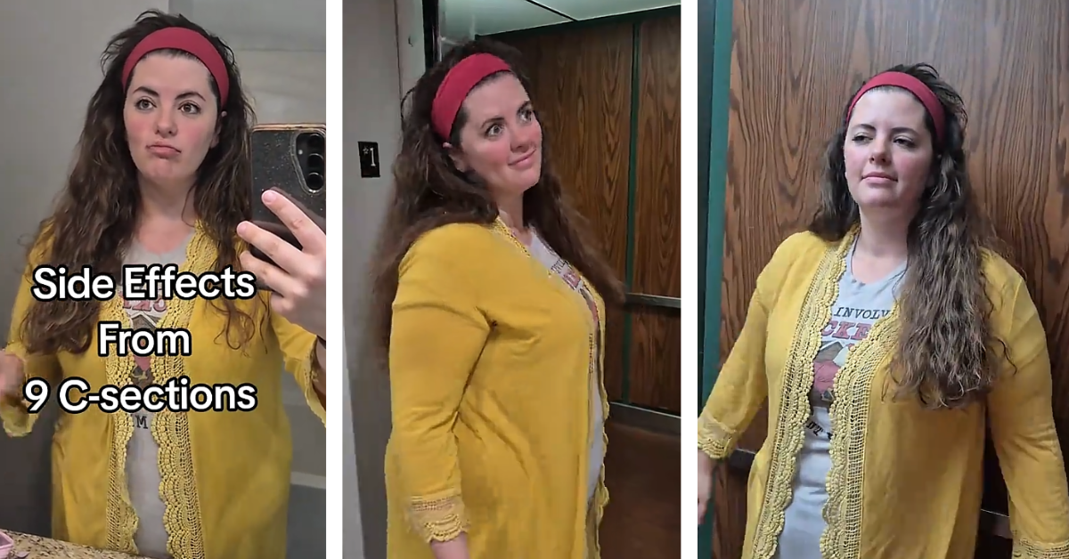 A woman wears a yellow jacket and red headband while walking through a hotel