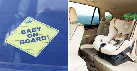(L) A 'Baby On Board' sign at the rear window of a car. (R) An empty baby car seat. (Representative Cover Image Source: Getty Images | (L) Shank_Ali, (R) FCA Foto Digital)
