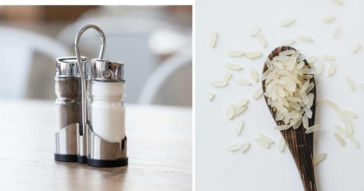 (L) Salt shaker on a restaurant table. (R) A spoonful of uncooked raw rice  (Representative Cover Image Source: Pexels | (L) Filirovska, (R) Polina Tankelevitch) 