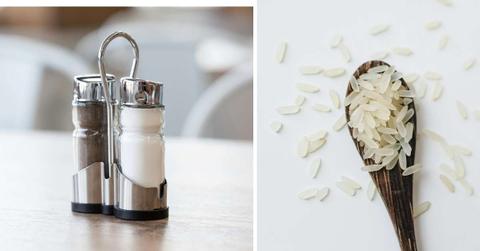 (L) Salt shaker on a restaurant table. (R) A spoonful of uncooked raw rice (Representative Cover Image Source: Pexels | (L) Filirovska, (R) Polina Tankelevitch)