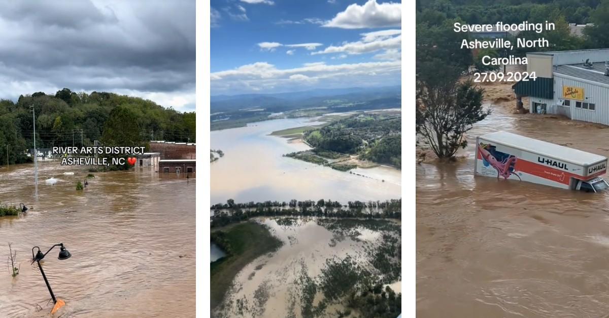 Three screenshots of Hurricane Helene, which left Asheville mostly underwater after making landfall in Florida