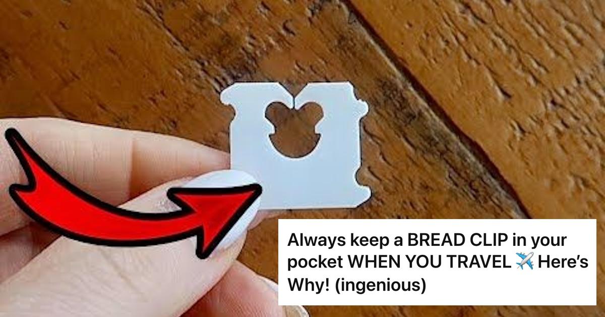 The text "Always keep a BREAD CLIP in your pocket WHEN YOU TRAVEL ✈️ Here’s Why! (ingenious)" over an image of a hand holding a plastic bread clip