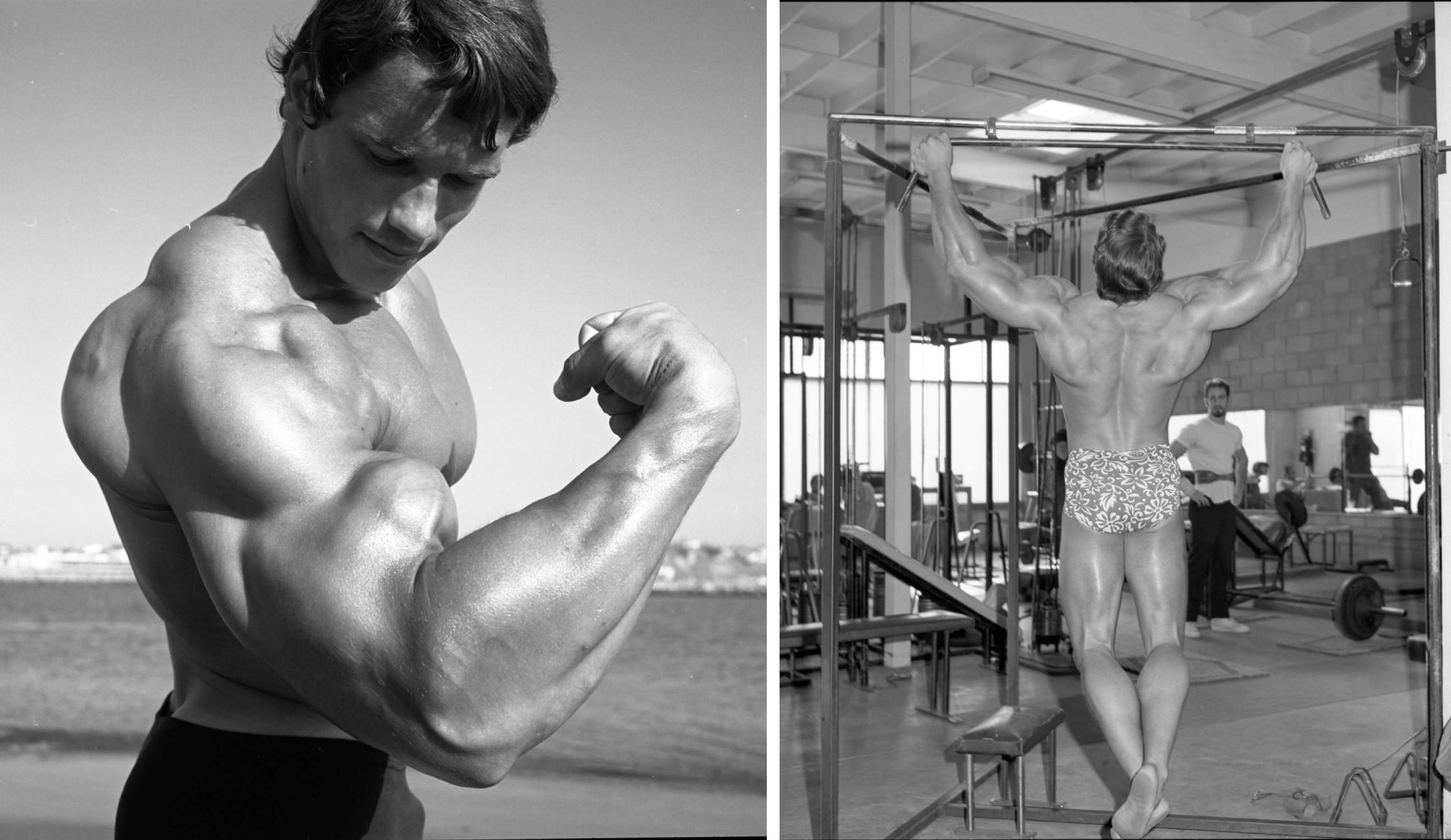 Arnold Schwarzenegger appears flexing his muscles in black and white photos from earlier in his life.