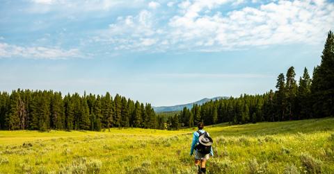 Woman hiking on trail through field