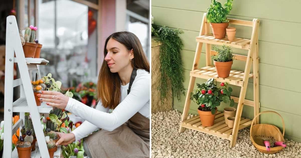 (L) Woman arranging flowers in a tiered planter (Representative Cover Image Source: Getty Images | Aleksander Georgie V) | (R) Belavi's 3-tier flower display. (Cover Image Source: Aldi)