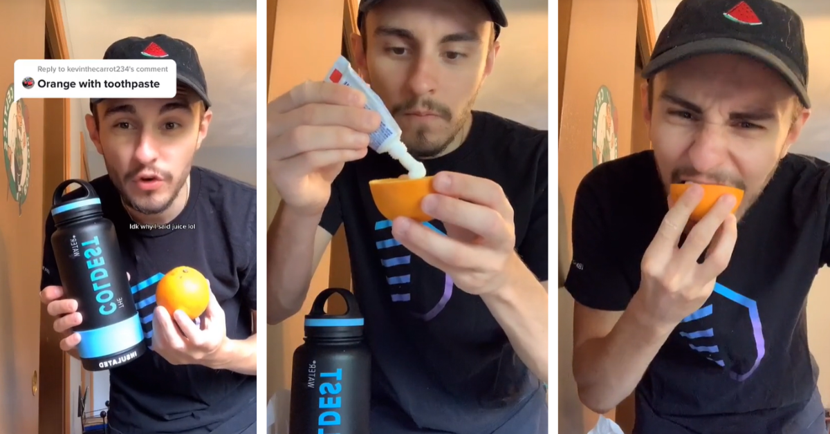 A man eats an orange covered in toothpaste on a date, producing bitter results 