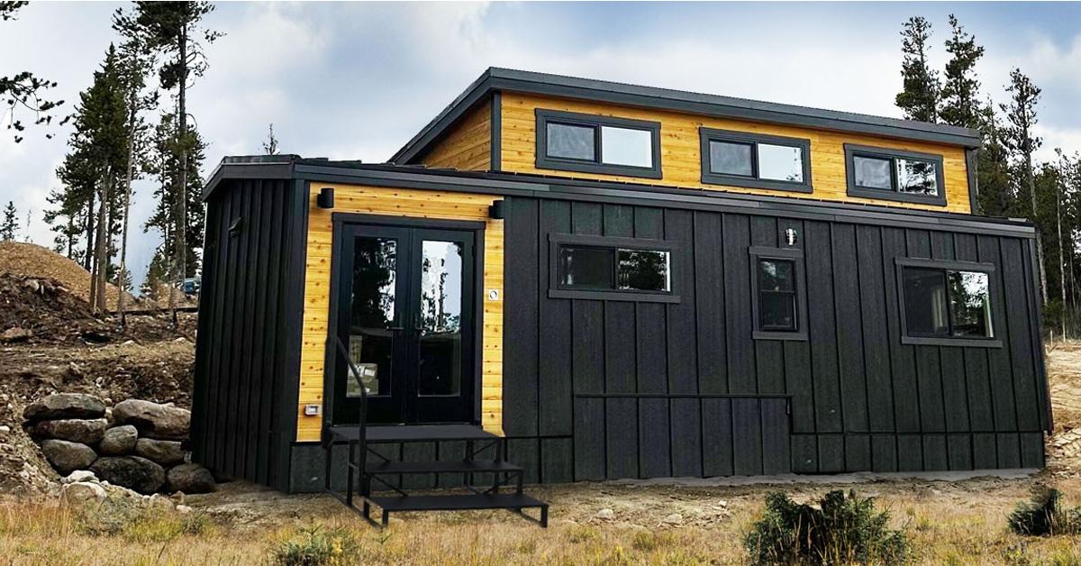 black and wood tiny house in a wooded area