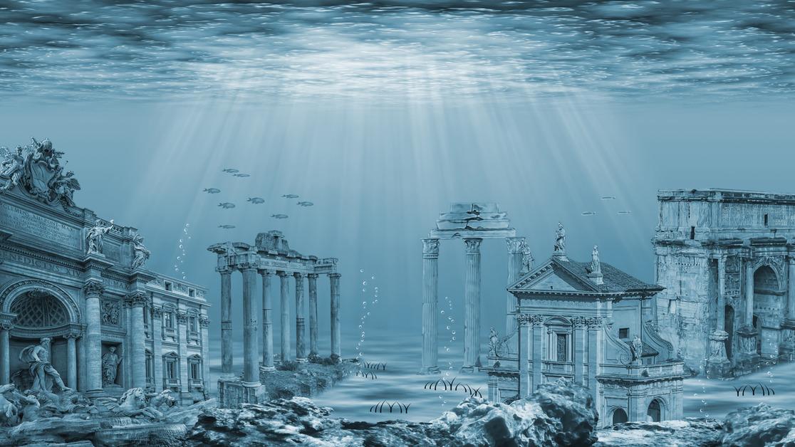 Artwork of underwater ruins of Atlantis. 