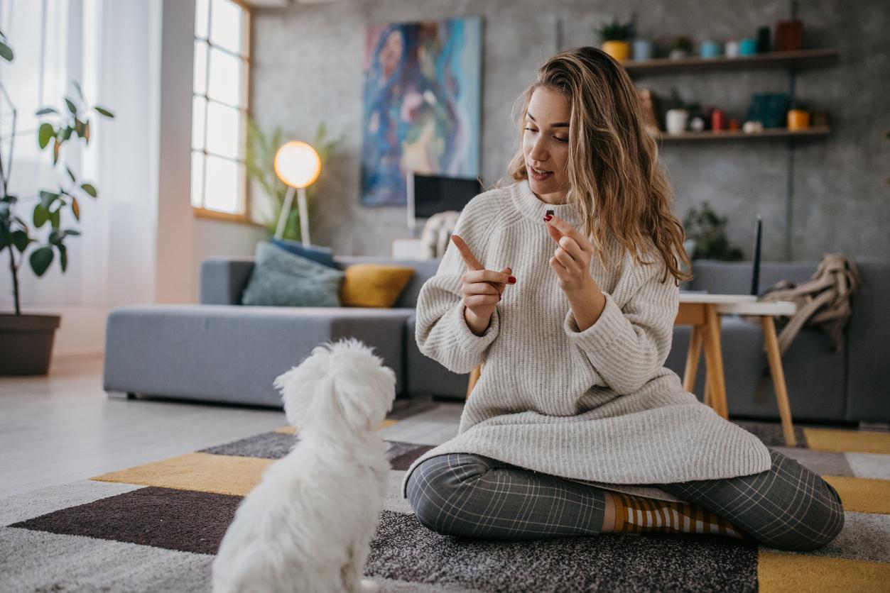 A woman sits on the floor with a white Maltese dog in the living room of a home.