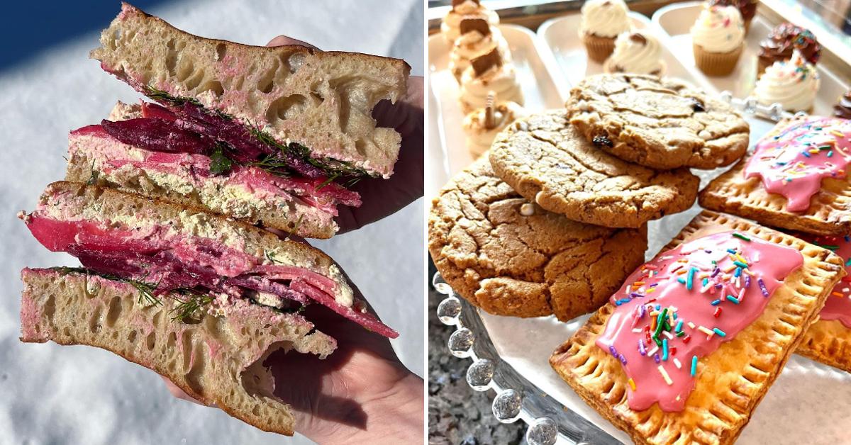 Photo of the "Beauty & a Beet" sandwich from Lagusta’s Luscious Café (left) beside a photo of pastries from Dulce Vegan Bakery & Café (right)