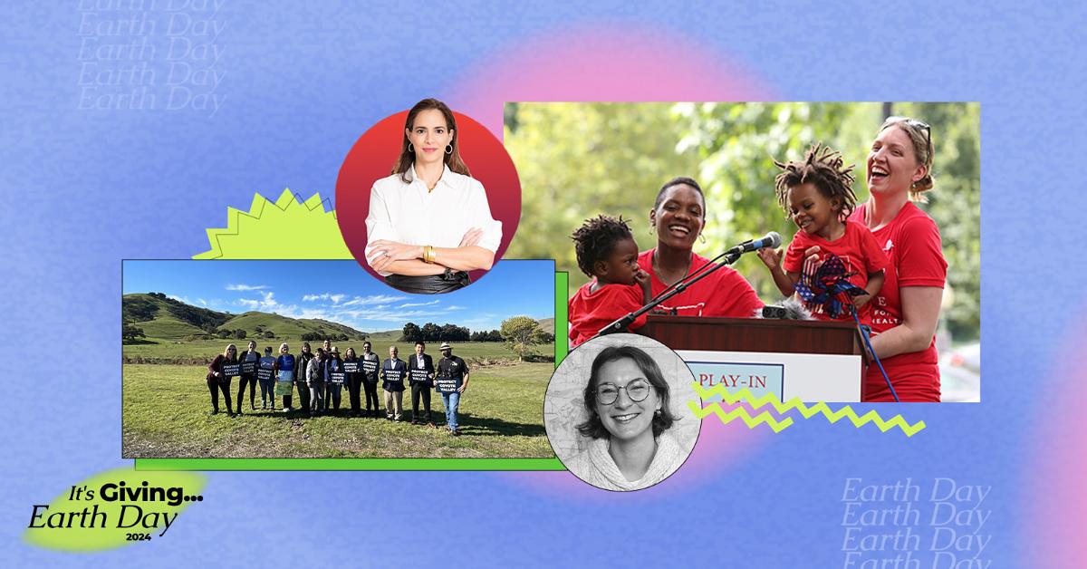 Images provided by Moms Clean Air Force and Mothers Out Front, including headshots of Isabel González Whitaker and Jenny Zimmer, alongside the 'Green Matters' Earth Day logo