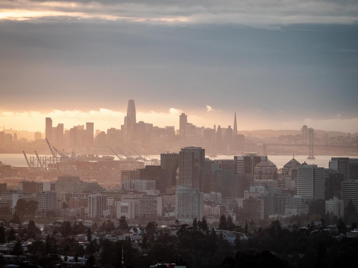 San Francisco city skyline in fog