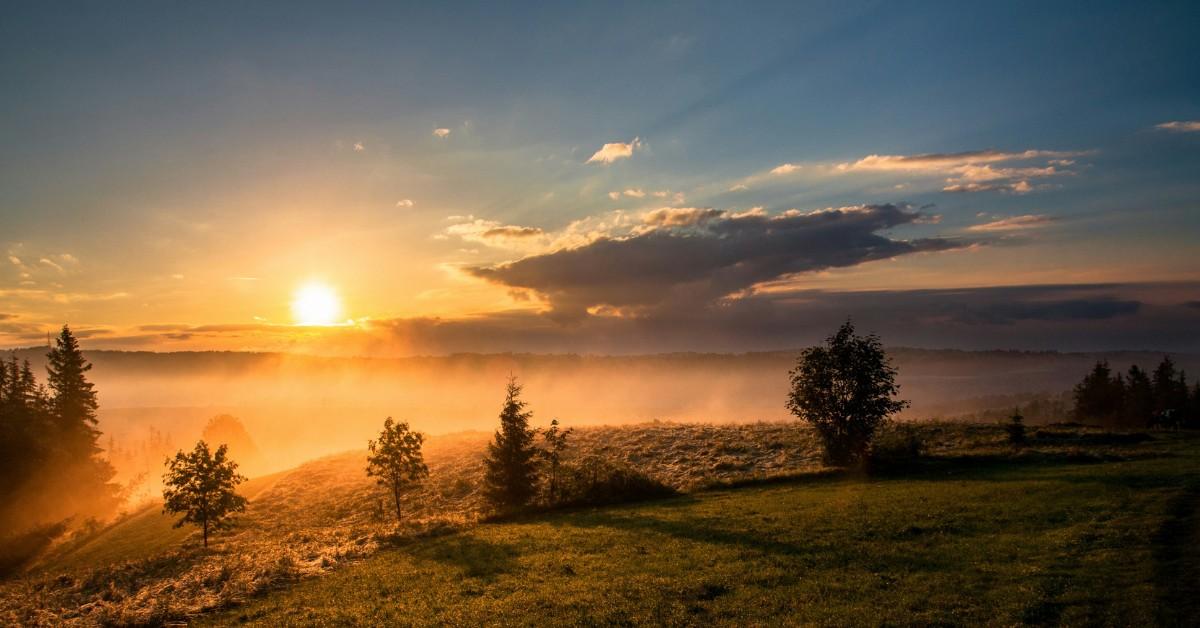 The sun beats down on trees and grass as it breaks through cloud cover
