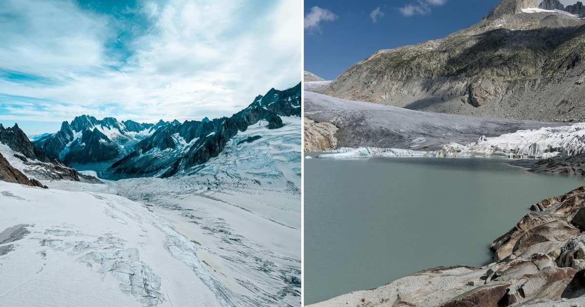 (L) Snow-capped glacier, (R) Green lake formed by melting glacier (Representative Cover Image Source: Pexels | (L) Francesco Ungaro, (R) Jean-Paul Wettstein)
