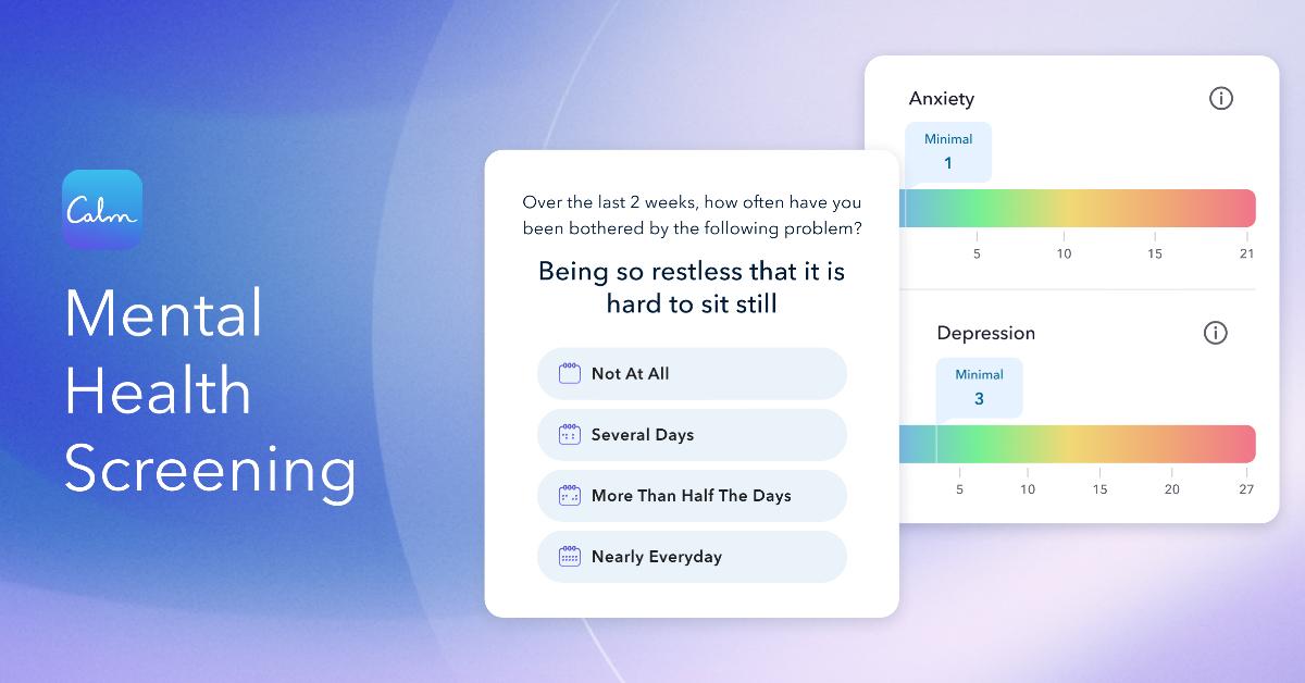 Images of the Calm app's mental health screening questionnaire