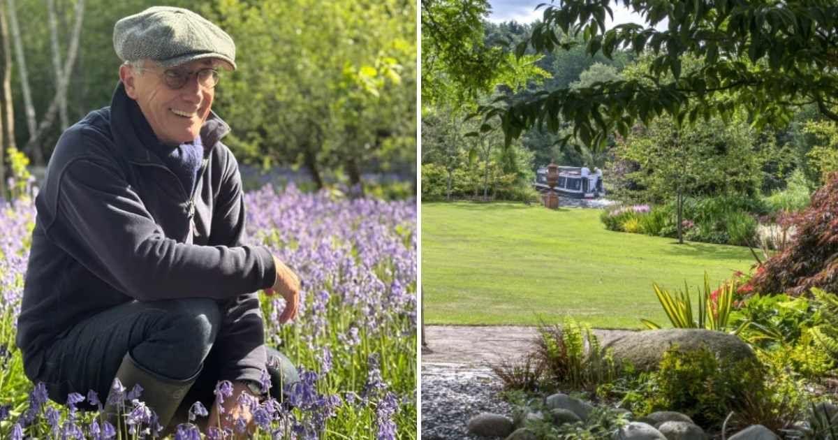 (L) Britain gardener John Massey sitting amidst purple flowers in his garden. (Cover Image Source: Instagram | @garden.johns) | (R) John's garden in Kingsworth, Midlands. (Cover Image Source: X | @ashnurs)