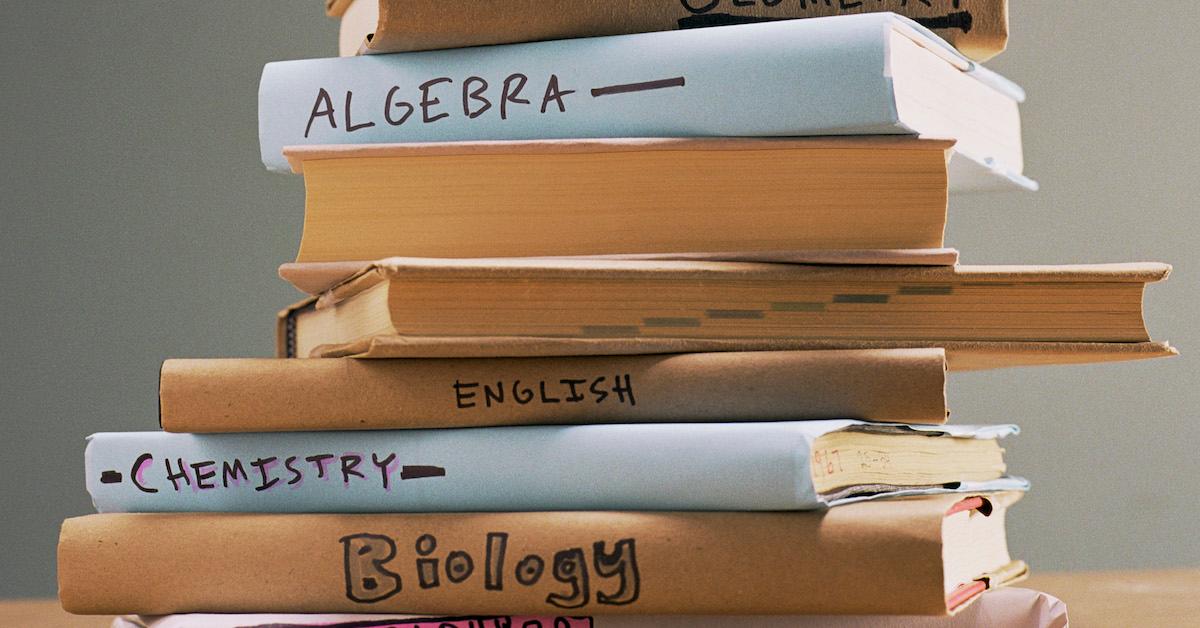 Stack of old textbooks. 