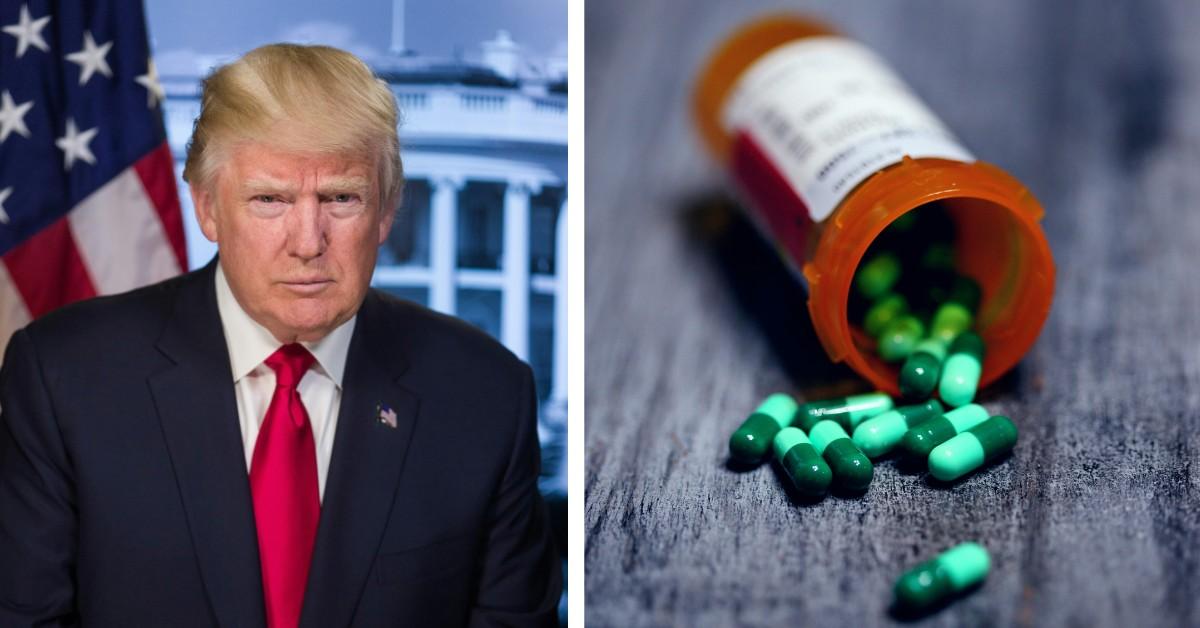 Donald Trump's photo hangs next to a prescription pill bottle