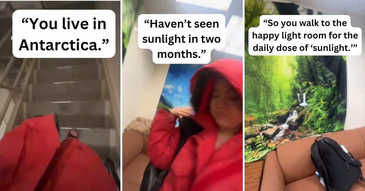 A woman working in Antarctica's Ross Island walks to a 'light room' to grab some light during months of summer darkness. (Cover Image Source: TikTok | @lil.sarita)