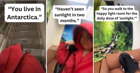 A woman working in Antarctica's Ross Island walks to a 'light room' to grab some light during months of summer darkness. (Cover Image Source: TikTok | @lil.sarita)