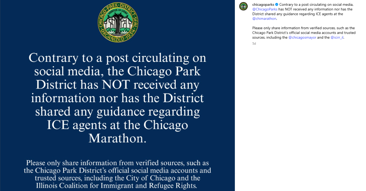A statement from the Chicago Parks Department on rumors about ICE raids