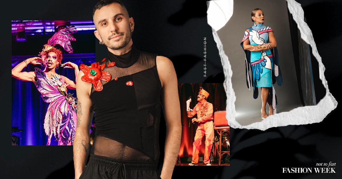 Collage of photos from Zero Waste Daniel's 'Sustainable Fashion Is a Cabaret' 2024 NYC fashion show taken by Bobby Pache and Luis Suarez alongside the Green Matters "Not so Fast Fashion" logo