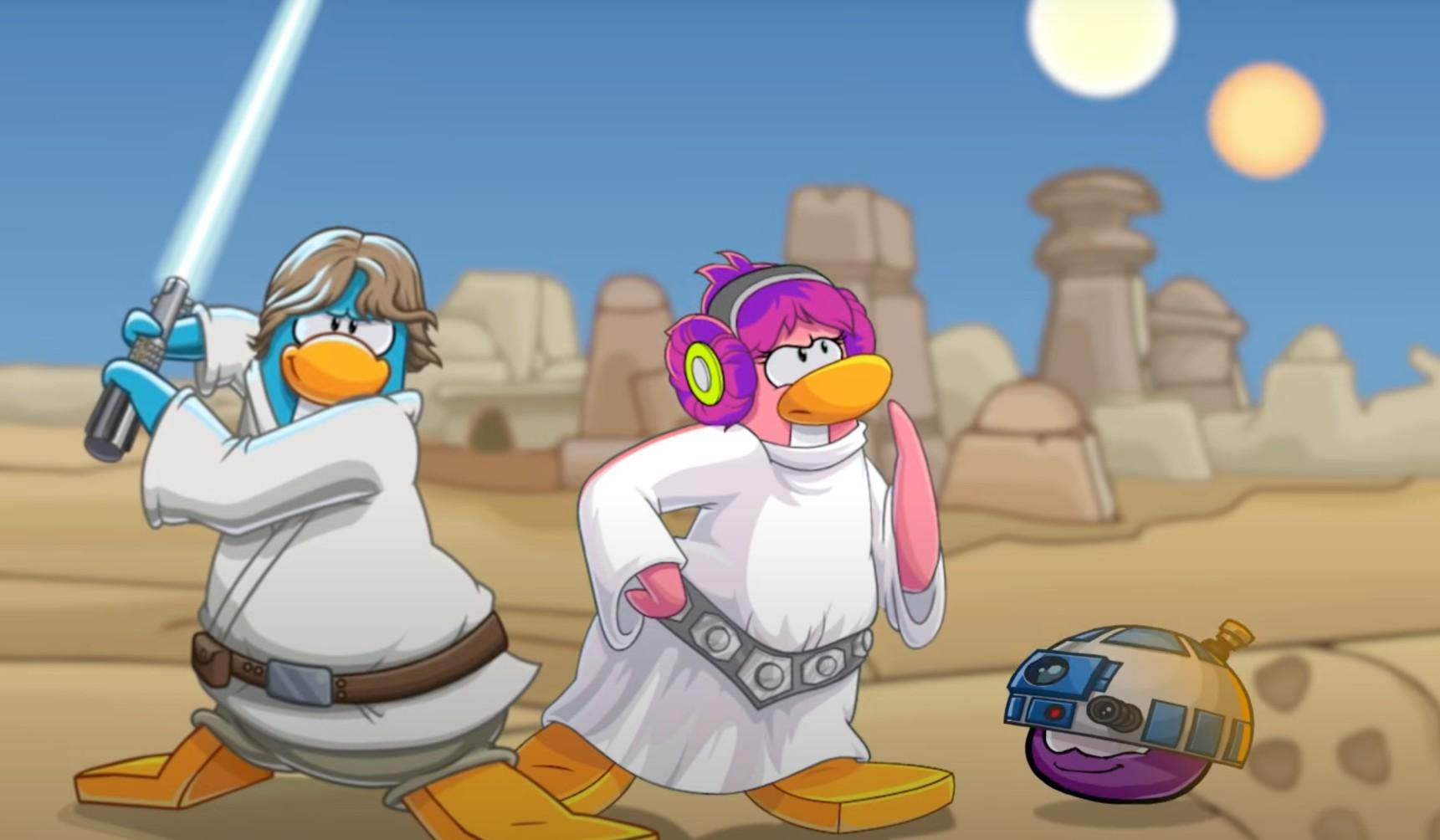 Two characters from New Club Penguin are dressed as Star Wars characters, flanked by an R2D2-like character.