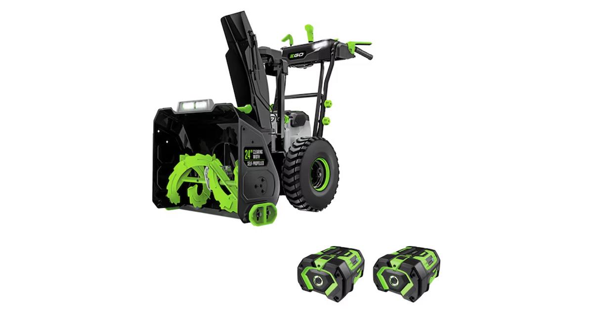 EGO POWER+ cordless snow blower in black and green with two Lithium batteries