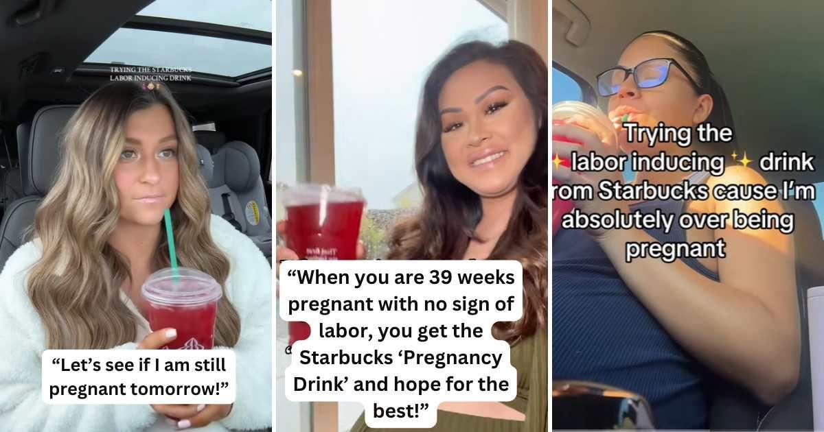 Women sipping a Starbucks drink to induce labor (Cover Image Source: TikTok | (L) @lindseyhull_, (C) @mikalaidler, (R) lachicairene)