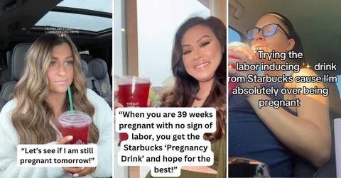 Women sipping a Starbucks drink to induce labor (Cover Image Source: TikTok | (L) @lindseyhull_, (C) @mikalaidler, (R) lachicairene)